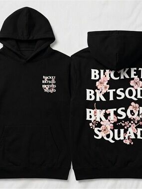 Black Floral Graphic Hoodie - 'BKTSQD' Bucket Squad M